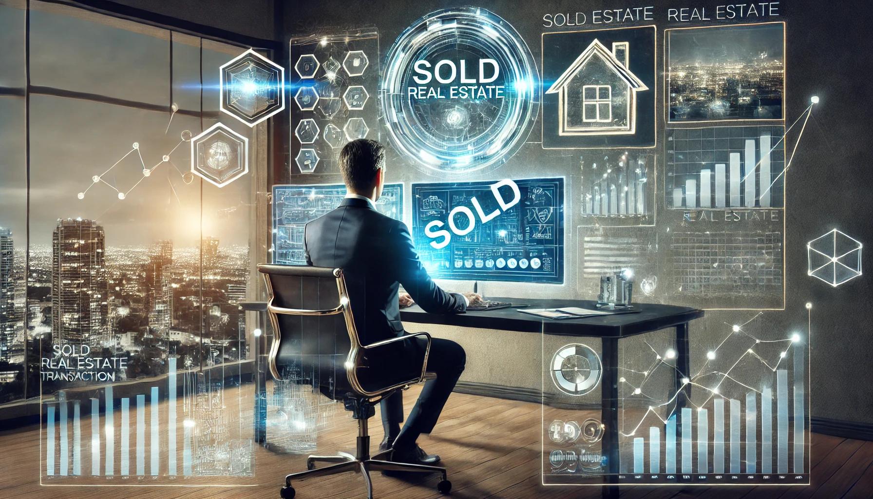 realestate agent working on a CRM in an office with reports in the background